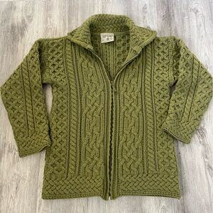 Vintage Olive Green Aran Cable Knit Zip Cardigan